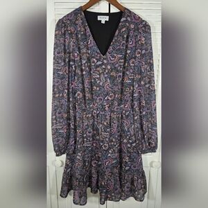 Evereve Purple Paisley Blouson Sleeve Boho Floral V Neck Ruffle Mini Dress Sz M